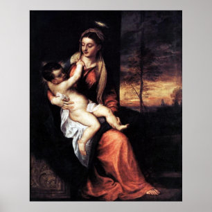 Póster Madonna y niño en un paisaje nocturno - Tiziano