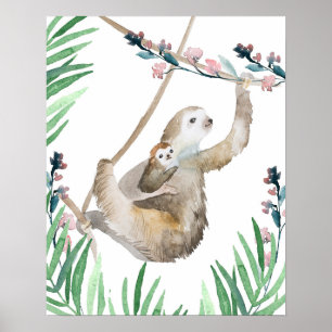 Póster Madre acuarela y bebé Sloth