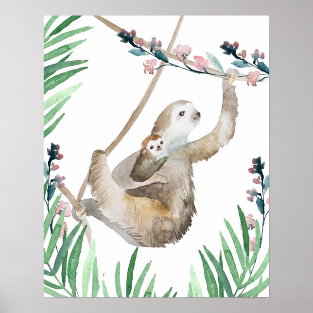 Póster Madre acuarela y bebé Sloth (Frente)