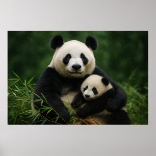 Póster Madre de panda y cría en lluvia suave