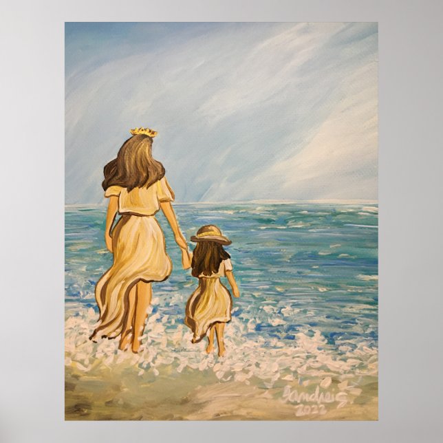 Póster Madre e hija caminan por la playa (Frente)