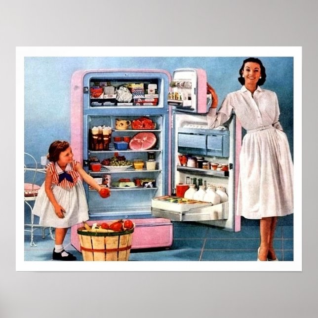 Póster Madre e hija junto a nevera llena y manzanas (Frente)