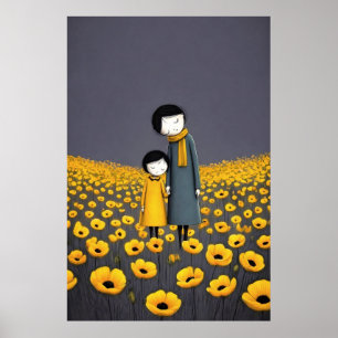 Póster Madre e hijo agarrados de la mano en una flor dora