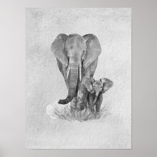 Póster Madre e hijo elefante en blanco y negro   (Frente)