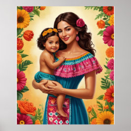 Póster Madre e hijo en traje tradicional mexicano