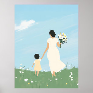 Póster Madre e hijo en un prado floreciente