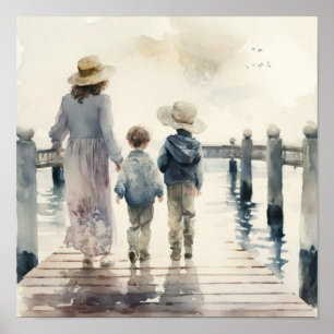 Póster Madre e hijos en el mar