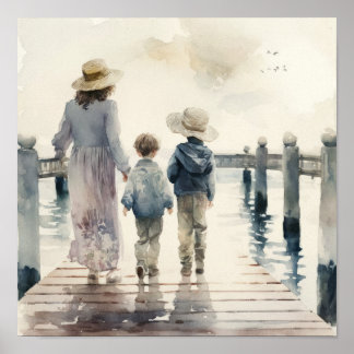 Póster Madre e hijos en el mar