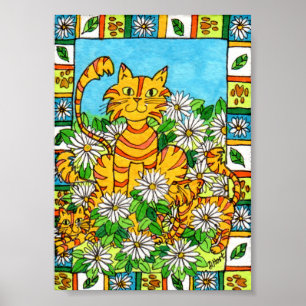 Póster Madre gata y gatita en parche de margarita Mini ar