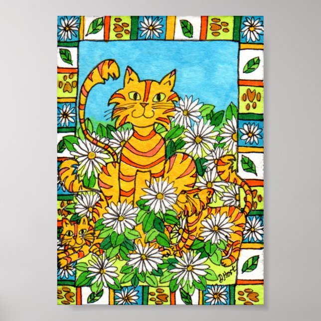 Póster Madre gata y gatita en parche de margarita Mini ar (Frente)