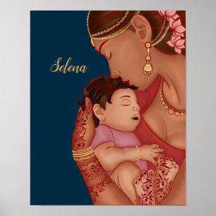 Póster Madre india sosteniendo a su bebé usando henna