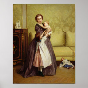 Póster Madre joven con sus hijos en un salón