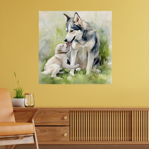 Póster Madre madre siberiana Husky perro pintando fondo