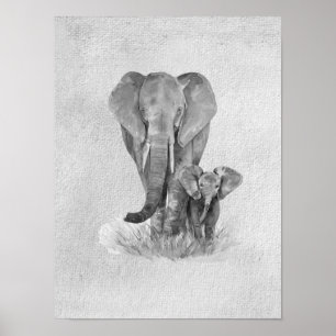 Póster Madre negra y blanca y elefante bebé