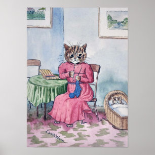 Póster Madre tejiendo con gatito en la cuna, Louis Wain
