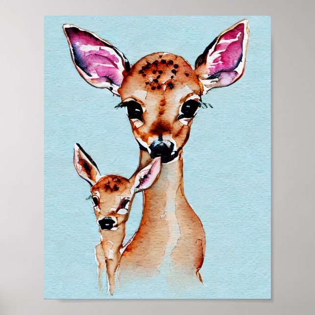 Póster Madre Y Bebé Deer Acuarela Amor Familia (Frente)