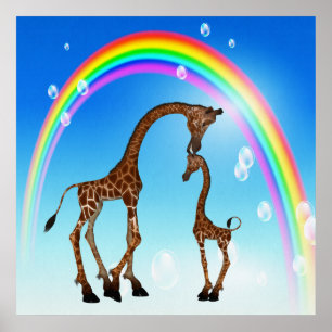 Póster Madre y bebé, jirafa y arcoiris