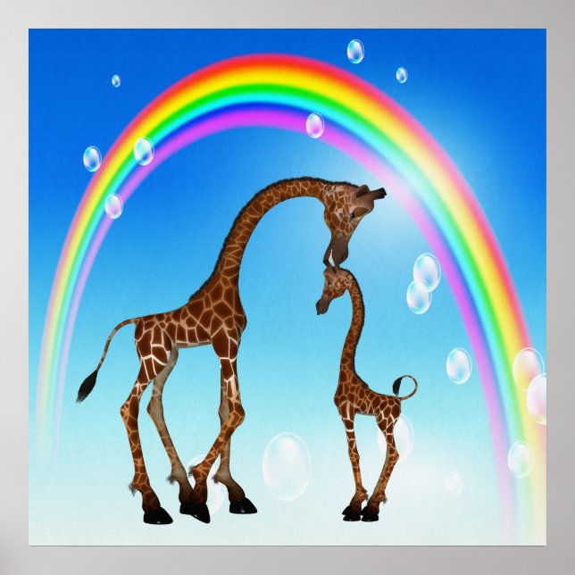 Póster Madre y bebé, jirafa y arcoiris (Frente)
