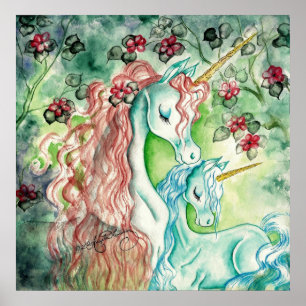Póster Madre y bebé unicornio