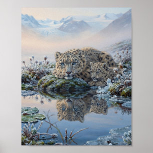 Póster Madre y cría de leopardo de las nieves reflejada e