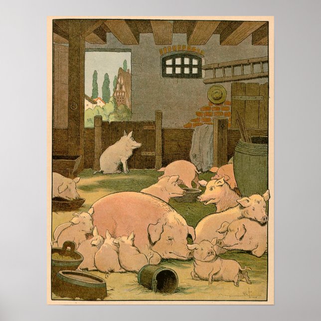 Póster Madres cerdas y lechones bebés en la granja (Frente)