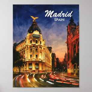 Póster Madrid España Gran Via Noche Paisaje Urbano Acuare