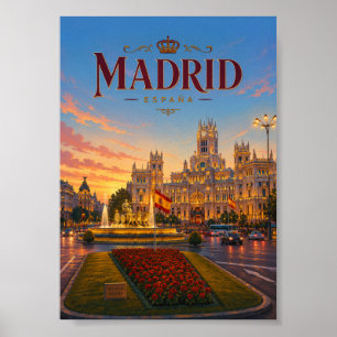 Póster Madrid España Plaza de Cibeles Vista al Atardecer