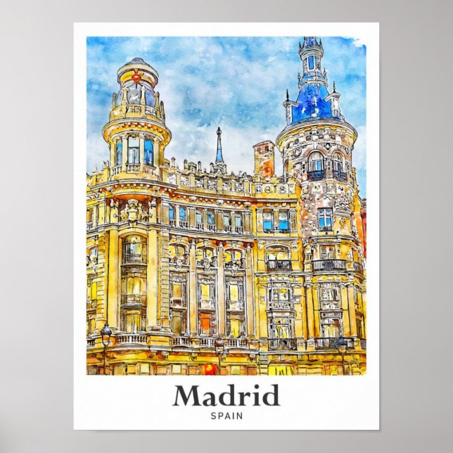 Póster Madrid España Trae mano a color de agua (Frente)