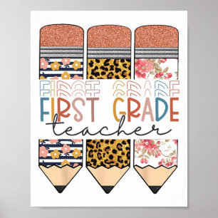 Póster Maestra de Primer Grado Lápiz de Leopardo Feliz Pr