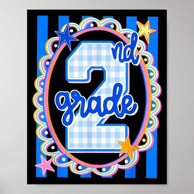 Póster Maestra de segundo grado a rayas retro 2do grado d (Frente)