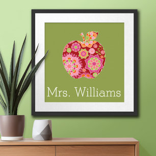 Póster Maestra personalizado Apple con patrón floral de m