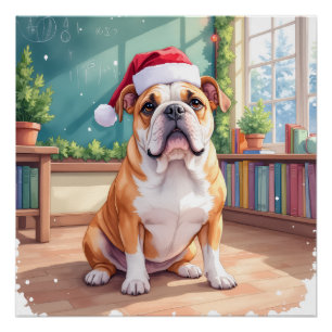 Póster Maestro Bulldog Inglés Sombrero de Santa en el Aul