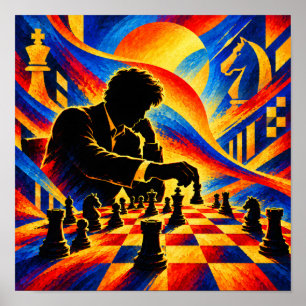 Póster Maestro de Ajedrez Haciendo una Jugada Silueta