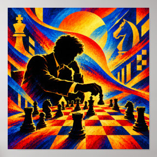 Póster Maestro de Ajedrez Haciendo una Jugada Silueta