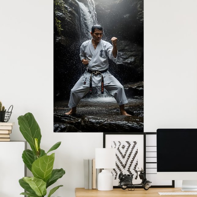Póster Maestro de Karate Realizando Kata Bajo Cascada (Oficina en casa)