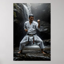 Póster Maestro de Karate Realizando Kata Bajo Cascada