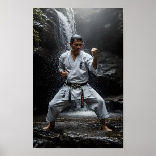 Póster Maestro de Karate Realizando Kata Bajo Cascada