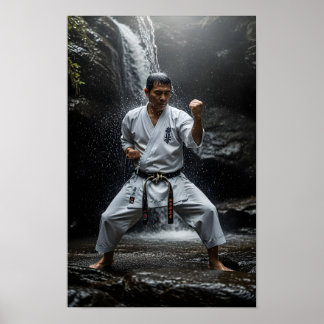 Póster Maestro de Karate Realizando Kata Bajo Cascada