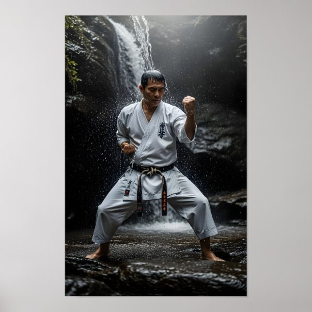 Póster Maestro de Karate Realizando Kata Bajo Cascada (Frente)