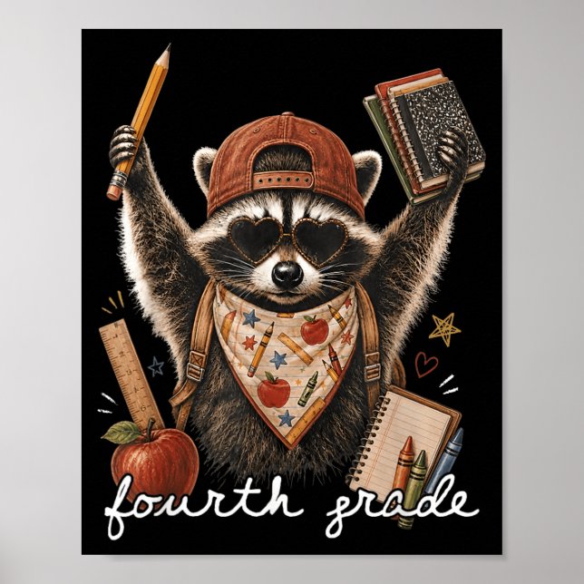 Póster Maestro de vuelta al cole de 4º grado mapache dive (Frente)