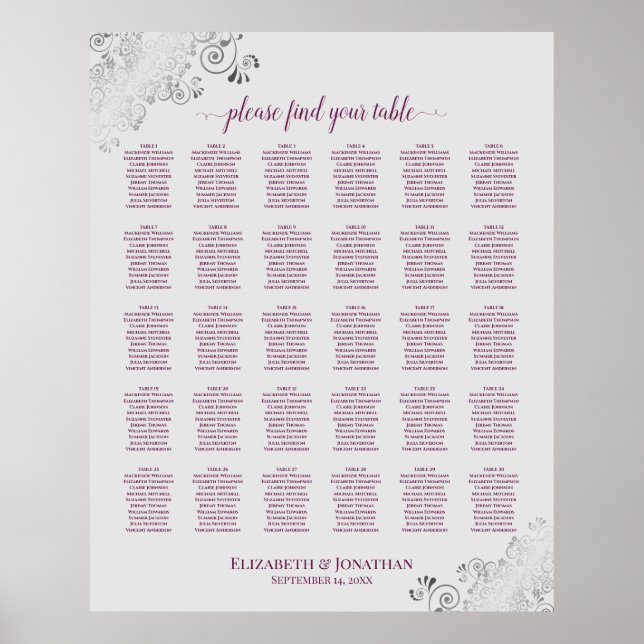 Póster Magenta sobre la tabla de asientos de Boda de mesa (Frente)
