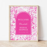 Póster Magenta White Chinoiserie Bridal Shower Welcome<br><div class="desc">This chinoiserie-inspired design features elegant botanical florals,  birds and greenery in hot pink and white. Personalize the invite with your details and if you want to further re-arrange the style and placement of the text,  please press the "Click to customize further" button.</div>