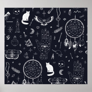 Póster Magia de Halloween: Patrón de Doodle Vintage.