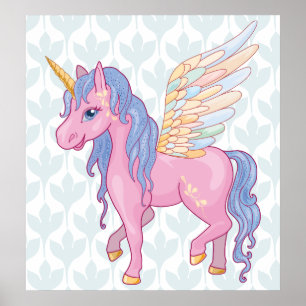 Póster Magic Cute Unicorn con alas de arco iris ilustraci