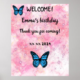 Póster Magical blue butterfly pink glitter art