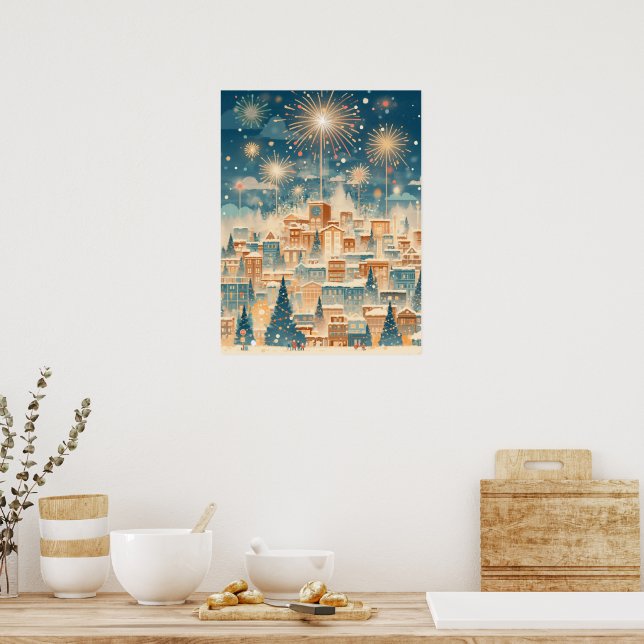 Póster Magical Christmas City Fireworks Night (Cocina)