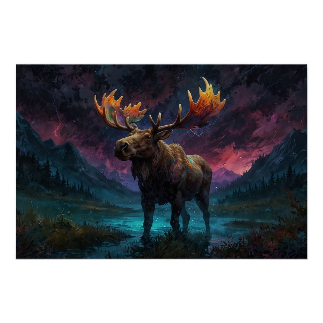 Póster Magical Jasper Moose y Montañas Rocosas (Anverso)