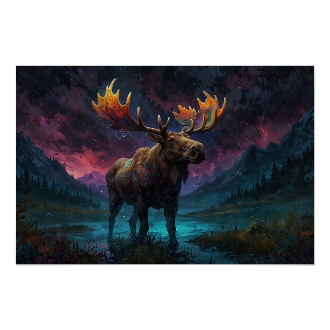 Póster Magical Jasper Moose y Montañas Rocosas (Anverso)
