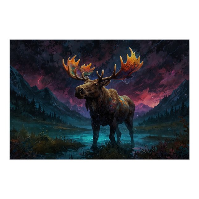 Póster Magical Jasper Moose y Montañas Rocosas (Anverso)