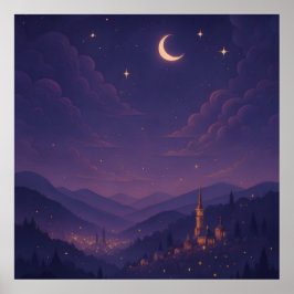 Póster Magical Moonlit Village Nightscape